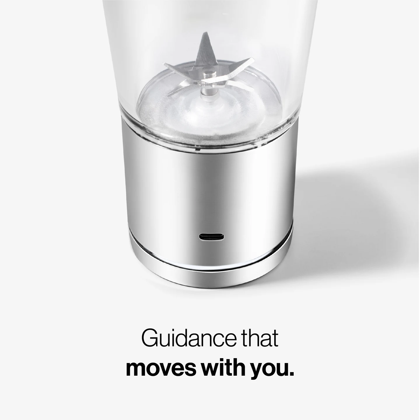 Panel text: “Guidance that moves with you.” Close-up of the silver Shaker Pro base and blades inside the clear vessel.