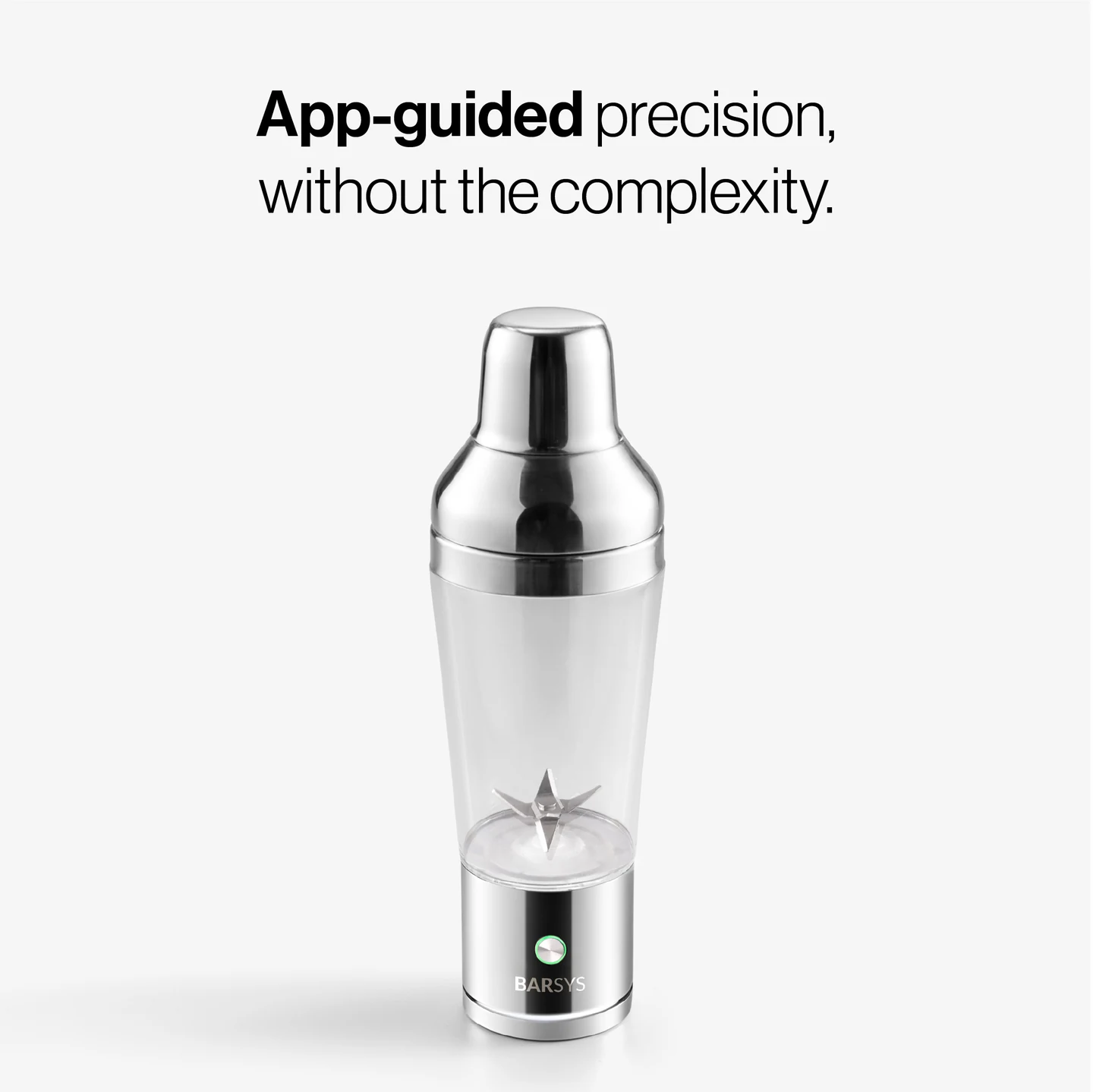 Panel text: “App-guided precision, without the complexity.” Assembled empty Shaker Pro with a clear vessel, silver lid and illuminated button.