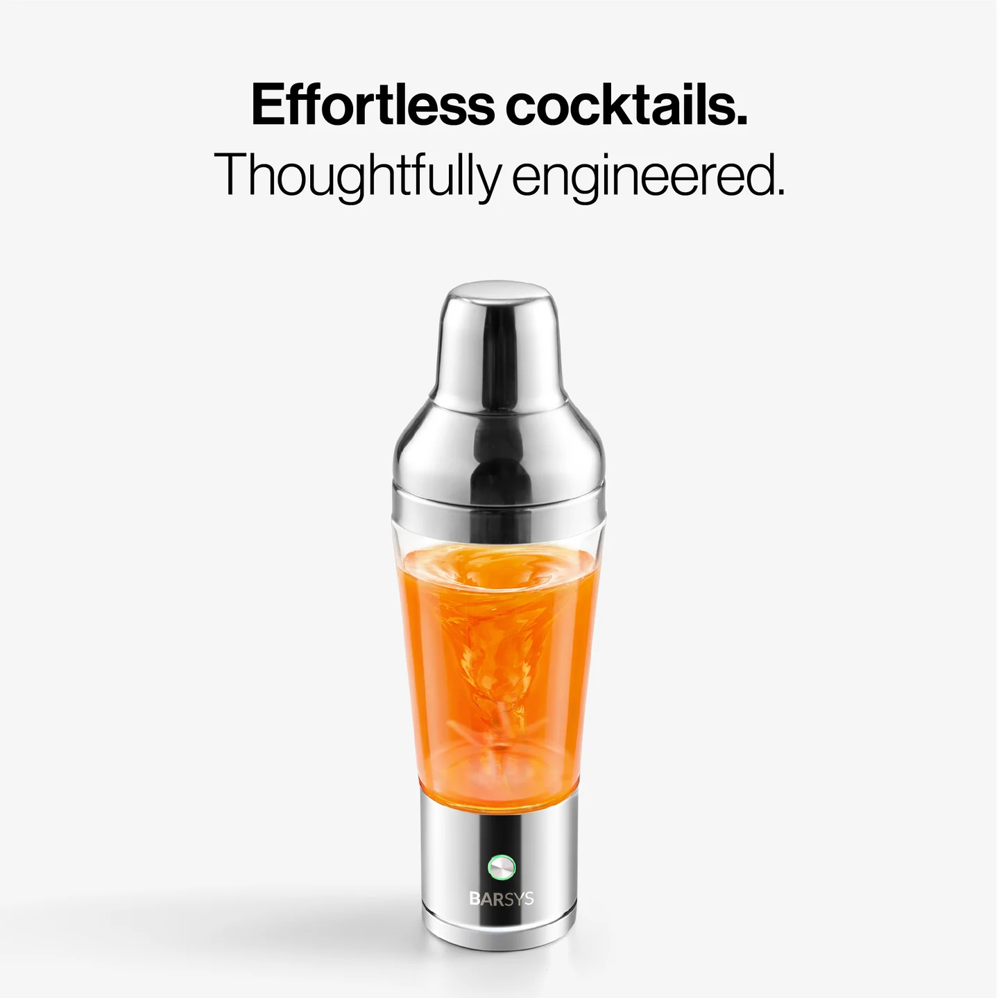 Panel text: “Effortless cocktails. Thoughtfully engineered.” Assembled Shaker Pro containing an orange drink with ice.