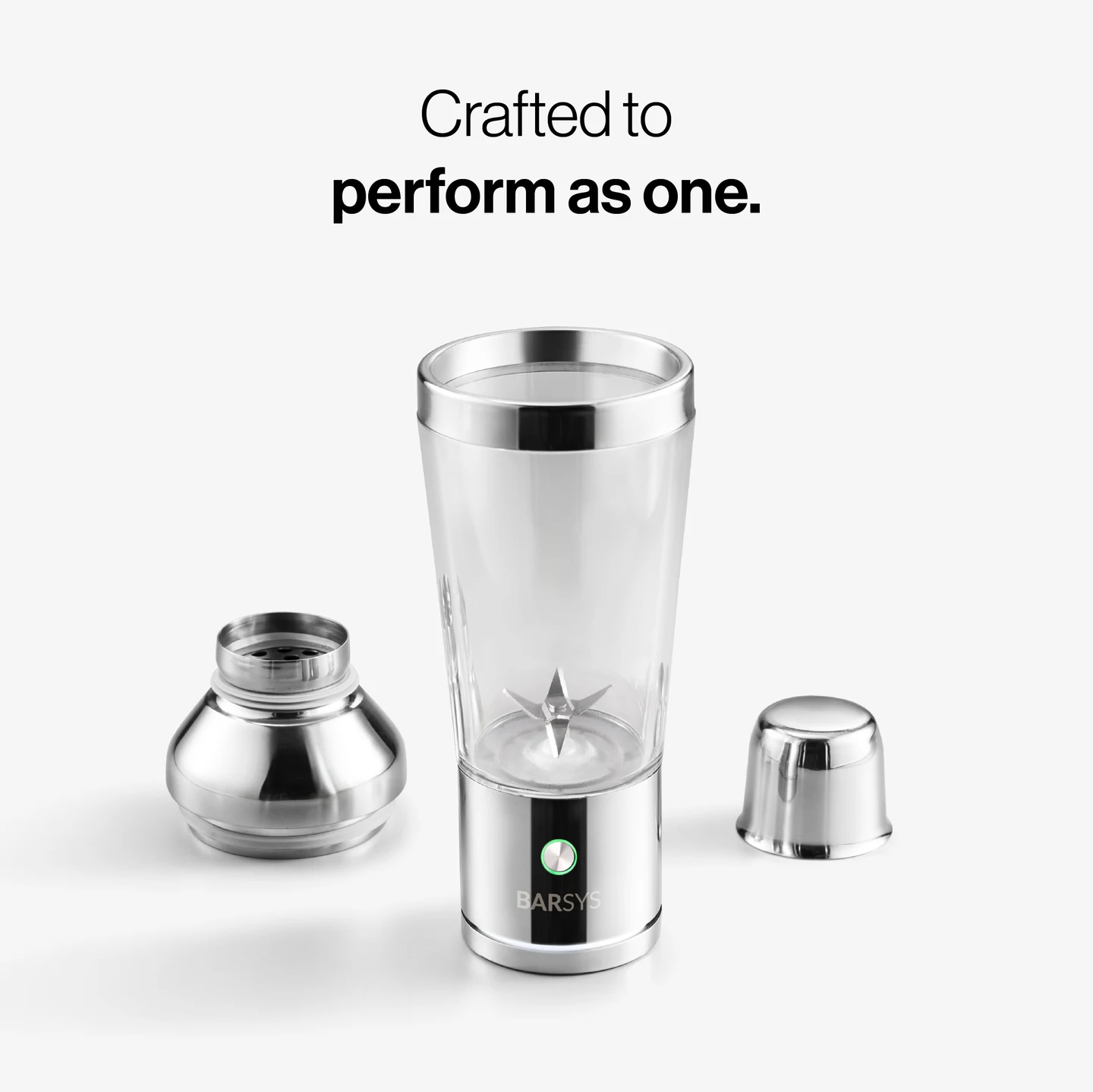 Panel text: “Crafted to perform as one.” Shaker Pro standing between its removed strainer and cap.